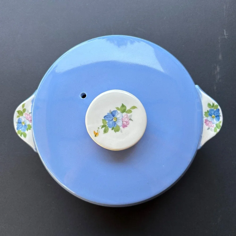 Hall China Rose Parade Blue Casserole Dish with Lid 1259 Vintage MCM Made in USA